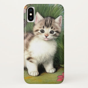 Vintage Cat Illustration with Red Flowers iPhone X Case