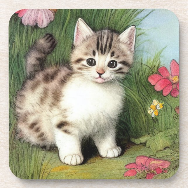 Vintage Cat Illustration with Red Flowers Coaster (Front)