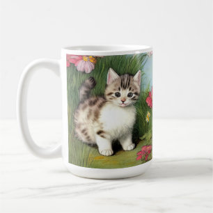 Vintage Cat Illustration with Red Flowers Coffee Mug