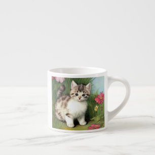 Vintage Cat Illustration with Red Flowers Espresso Cup