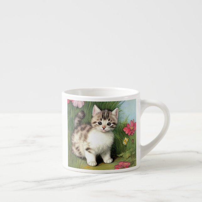 Vintage Cat Illustration with Red Flowers Espresso Cup (Right)