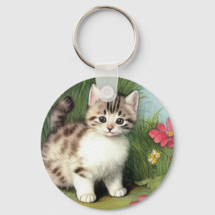 Vintage Cat Illustration with Red Flowers Key Ring