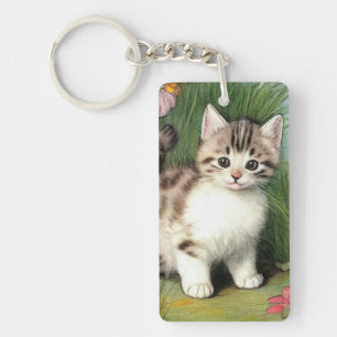 Vintage Cat Illustration with Red Flowers Key Ring