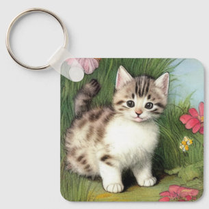Vintage Cat Illustration with Red Flowers Key Ring