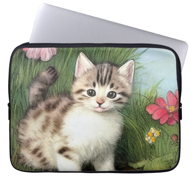 Vintage Cat Illustration with Red Flowers Laptop Sleeve (Front)