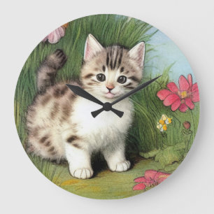 Vintage Cat Illustration with Red Flowers Large Clock