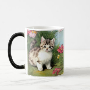 Vintage Cat Illustration with Red Flowers Magic Mug