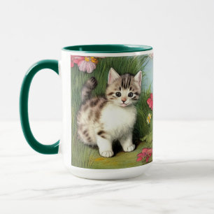 Vintage Cat Illustration with Red Flowers Mug