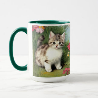 Vintage Cat Illustration with Red Flowers Mug