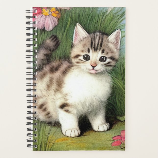 Vintage Cat Illustration with Red Flowers Planner (Front)