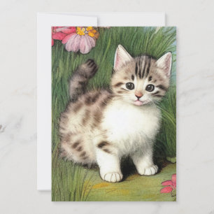 Vintage Cat Illustration with Red Flowers Save The Date