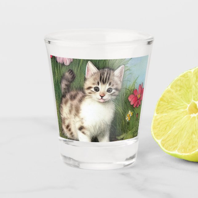 Vintage Cat Illustration with Red Flowers Shot Glass (Front)