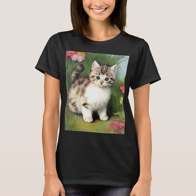 Vintage Cat Illustration with Red Flowers T-Shirt (Front)