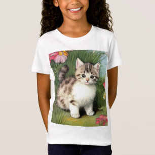 Vintage Cat Illustration with Red Flowers T-Shirt