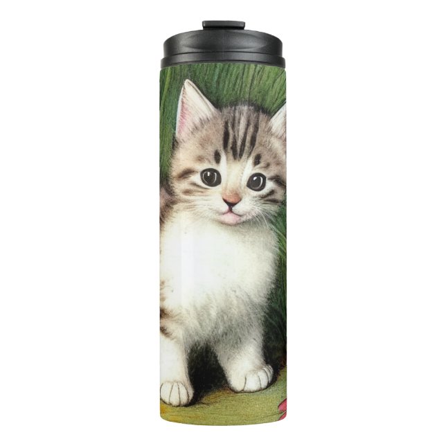 Vintage Cat Illustration with Red Flowers Thermal Tumbler (Front)