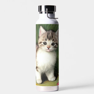 Vintage Cat Illustration with Red Flowers Water Bottle