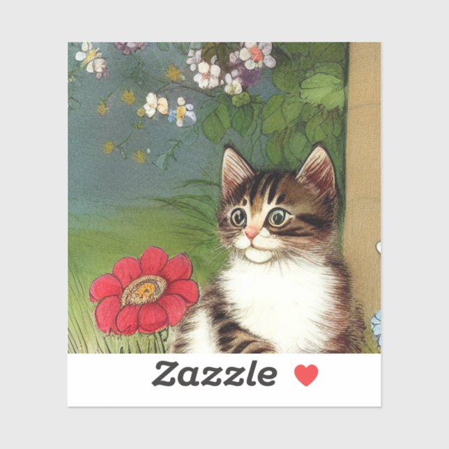 Vintage Cat Illustration with Spring Flowers (Sheet)