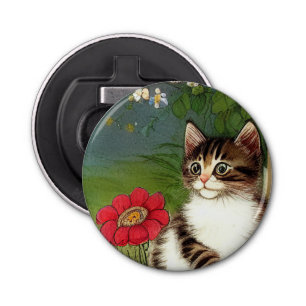 Vintage Cat Illustration with Spring Flowers Bottle Opener