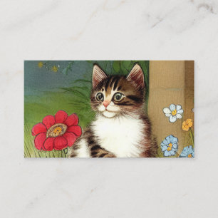 Vintage Cat Illustration with Spring Flowers Enclosure Card