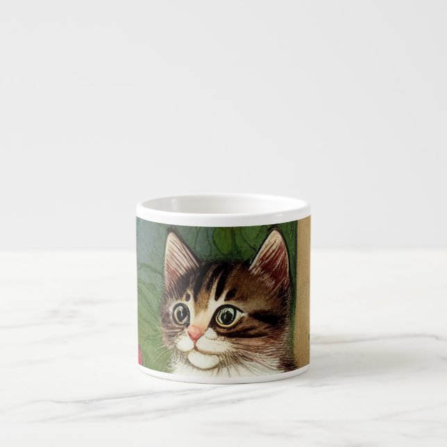 Vintage Cat Illustration with Spring Flowers Espresso Cup (Front)