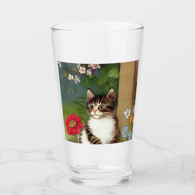 Vintage Cat Illustration with Spring Flowers Glass (Front)