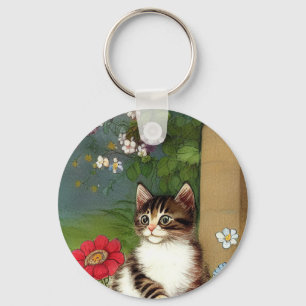 Vintage Cat Illustration with Spring Flowers Key Ring