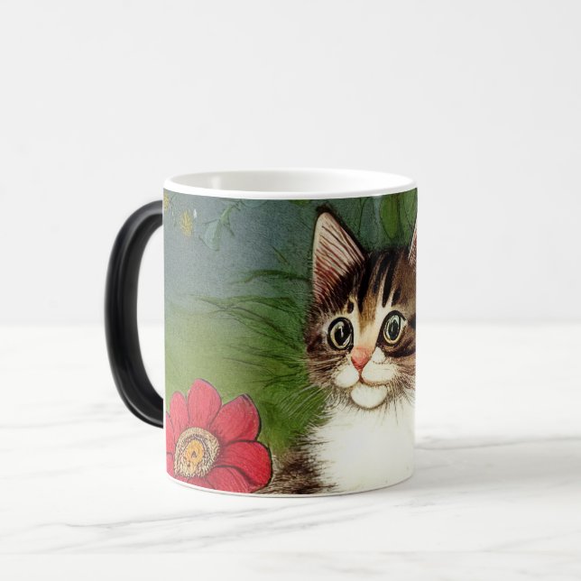 Vintage Cat Illustration with Spring Flowers Magic Mug (Front Left)