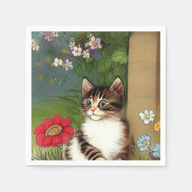 Vintage Cat Illustration with Spring Flowers Napkin (Front)