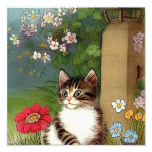 Vintage Cat Illustration with Spring Flowers Photo Print