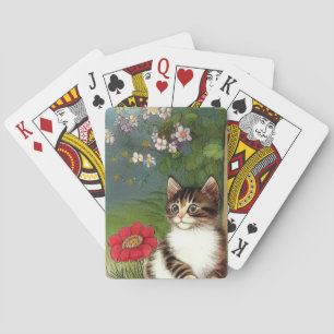 Vintage Cat Illustration with Spring Flowers Playing Cards
