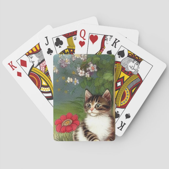 Vintage Cat Illustration with Spring Flowers Playing Cards (Back)