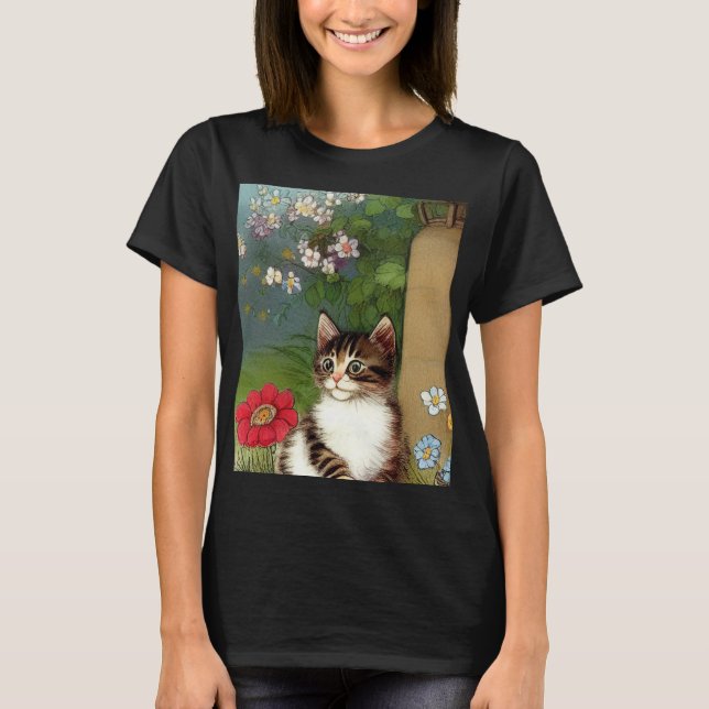 Vintage Cat Illustration with Spring Flowers T-Shirt (Front)