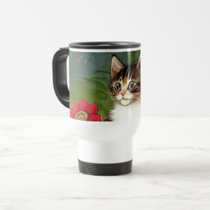 Vintage Cat Illustration with Spring Flowers Travel Mug