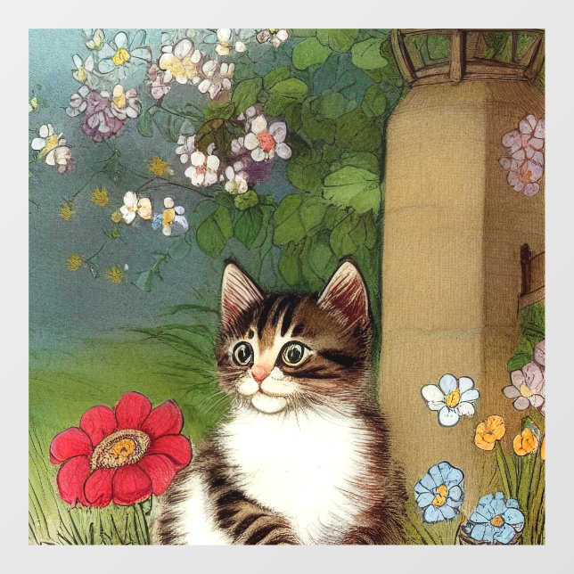 Vintage Cat Illustration with Spring Flowers Window Cling (Sheet)