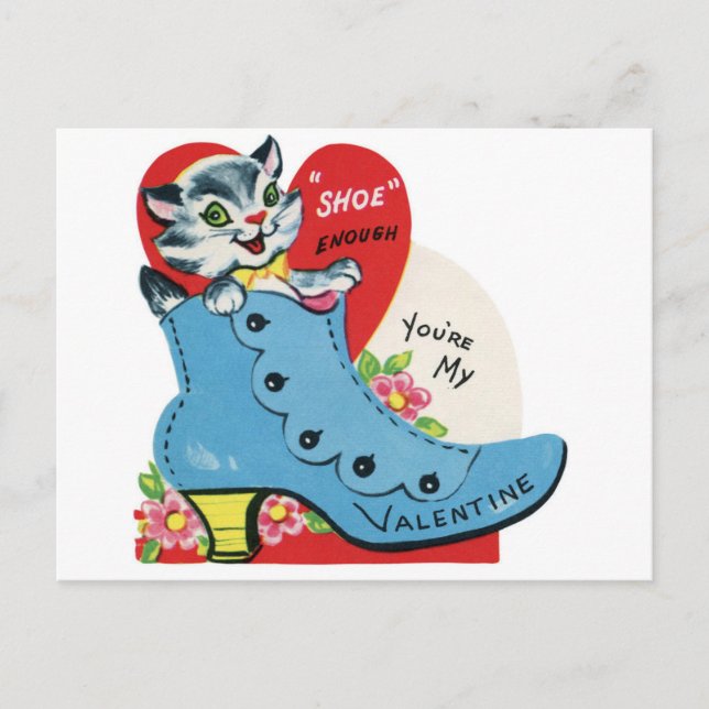 Vintage Cat in a Blue Shoe Valentine Postcard (Front)