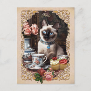 Vintage Cat,Kitten,French,paris,tea,cake,Siameシャム猫 Postcard