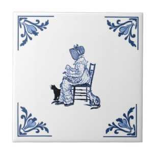 Vintage Cat Lady Delft Corner Blue and White Tile