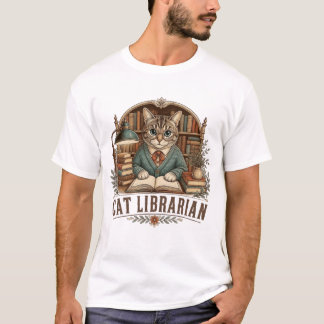 Vintage Cat Librarian Bookish Library Design T-Shirt