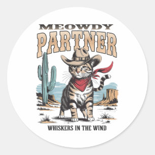 Vintage Cat Meowdy Partner Cowboy Gifts For Men Wo Classic Round Sticker