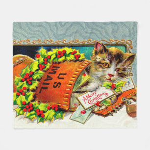 Vintage Cat Merry Christmas Fleece Blanket