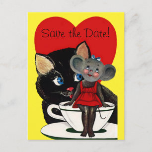 Vintage Cat Mouse Red Heart, Wedding Save the Date Announcement Postcard