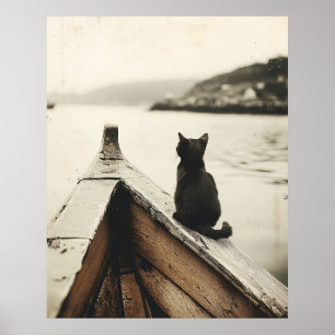 Vintage Cat on Boat Sepia Tone Poster