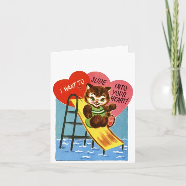 Vintage Cat on Slide Valentine Holiday Card (Front)