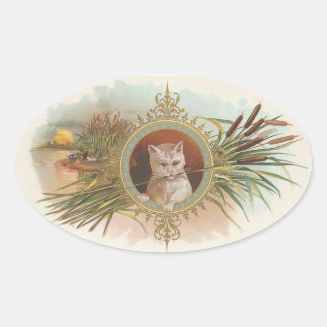 Vintage Cat Oval Sticker (Front)