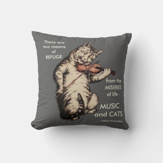 Vintage Cat Playing Fiddle Art Music Quote Cushion (Front)