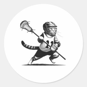 Vintage Cat Playing Lacrosse Kitten Lover Lacrosse Classic Round Sticker