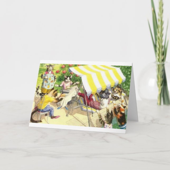 Vintage Cat Pool Party Chaos Note Card (Front)