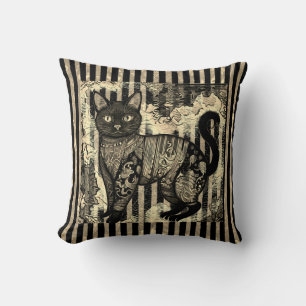 Vintage Cat Retro,Stripes Pattern Cushion
