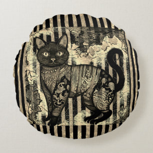 Vintage Cat Retro,Stripes Pattern Round Cushion