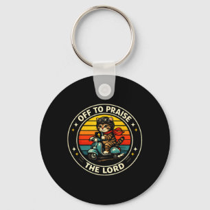 Vintage Cat Riding Scooter Off to Praise The Lord Key Ring